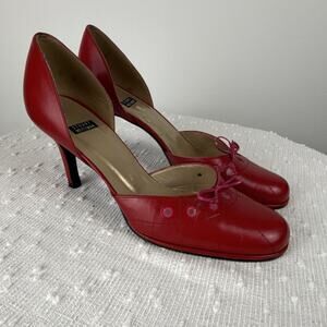 Vintage Stuart Weitzman Red Leather Heels Sz 8 Pink Bow Eyelet Made in Spain